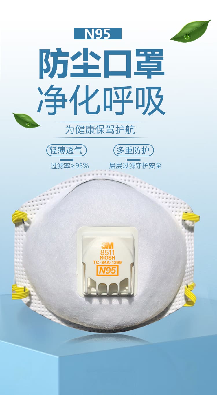 3M 8511CN 防颗粒物口罩 （头带式、适合湿热环境或长时间重体力劳动使用、美国NIOSH N95认证和中国KN95认证）